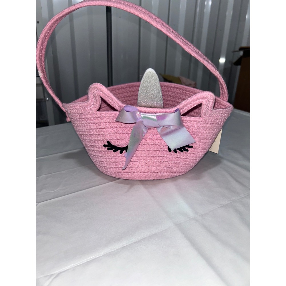 Spritz Pink Unicorn Woven Easter Basket Rope Tote Silver Glitter Horn New